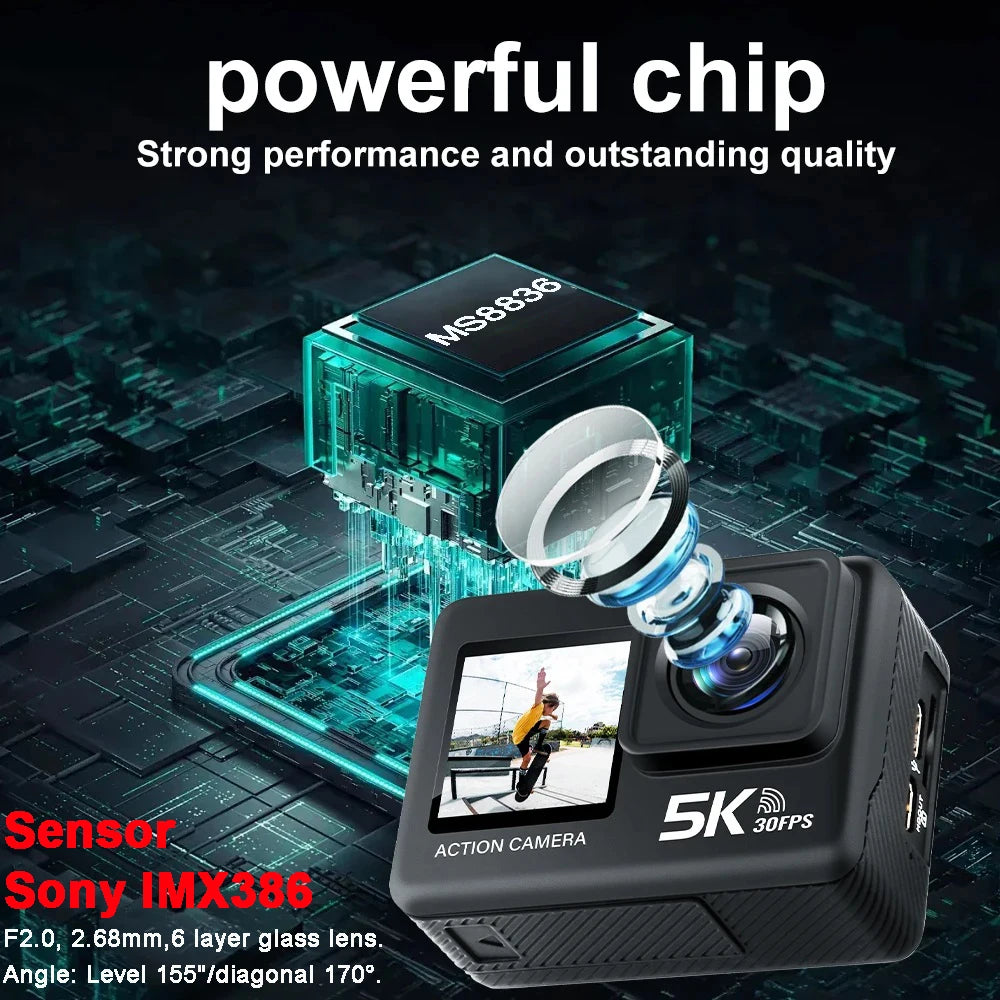 Action Camera 5K 4K60FPS 50MP 2.0 Touch EIS Pre-Record Wireless Mic Wi-Fi 170D DVR Webcam Waterproof 30M 5X Zoom Sports Camera