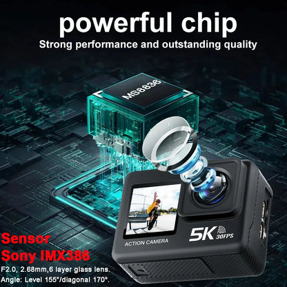 Action Camera 5K 4K60FPS 50MP 2.0 Touch EIS Pre-Record Wireless Mic Wi-Fi 170D DVR Webcam Waterproof 30M 5X Zoom Sports Camera