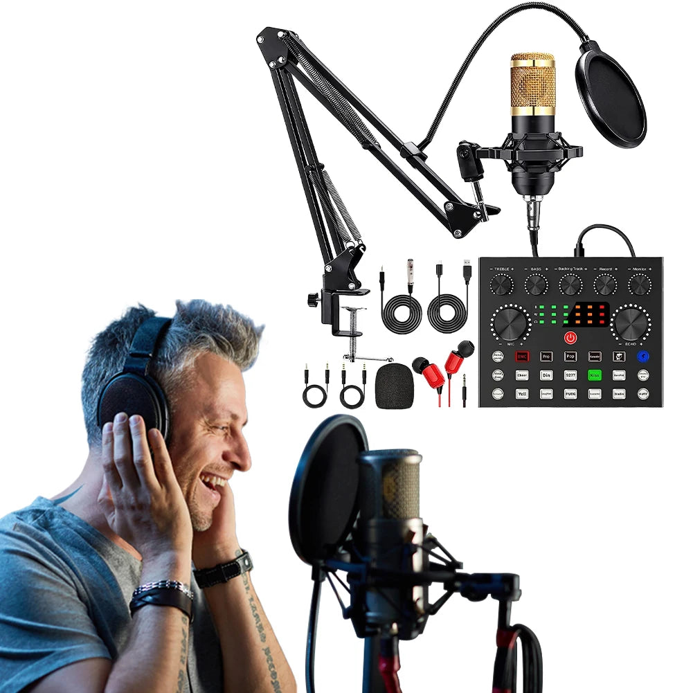 Podcast Equipment Bundle with BM800 Microphone and V8 Sound Card Metal Shock Mount Perfect for Podcasting Gaming Music Recording