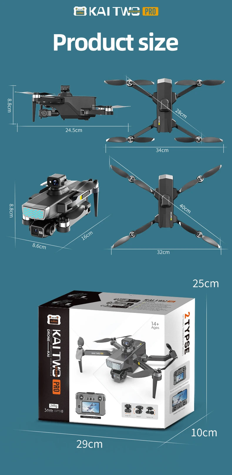 2025 KAITWO three-axis gimbal 5.6-inch touchscreen version with all-round laser obstacle avoidance, GPS optical flow positioning