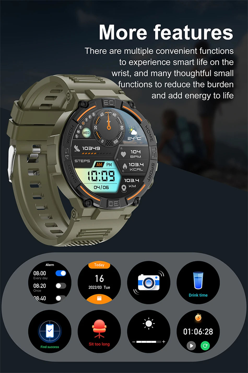 Outdoor Smart Watch with Flashlight Male Sports Fitness Waterproof Watch 24 Hours Heart Rate Monitor Bluetooth Call Smartwatch