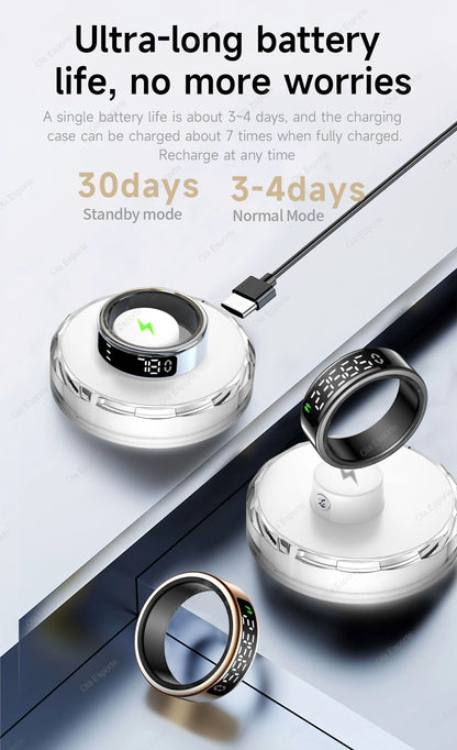Smart Ring with Wireless Charging for Men Women LED Display Screen Health Sleep Monitor 5ATM Waterproof Multi-sport Mode Rings