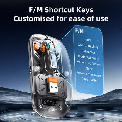 Full of technological sense! Translucent wireless mouse with multi-mode connection and metal roller.