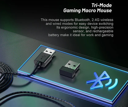 Wireless Game Mouse 12800DPI 1000Hz BT/2.4G/Wired 7 Buttons Macro Mouse for E-sports Ergonomic Design RGB Backlit