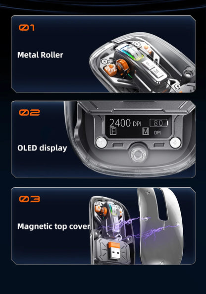 Full of technological sense! Translucent wireless mouse with multi-mode connection and metal roller.