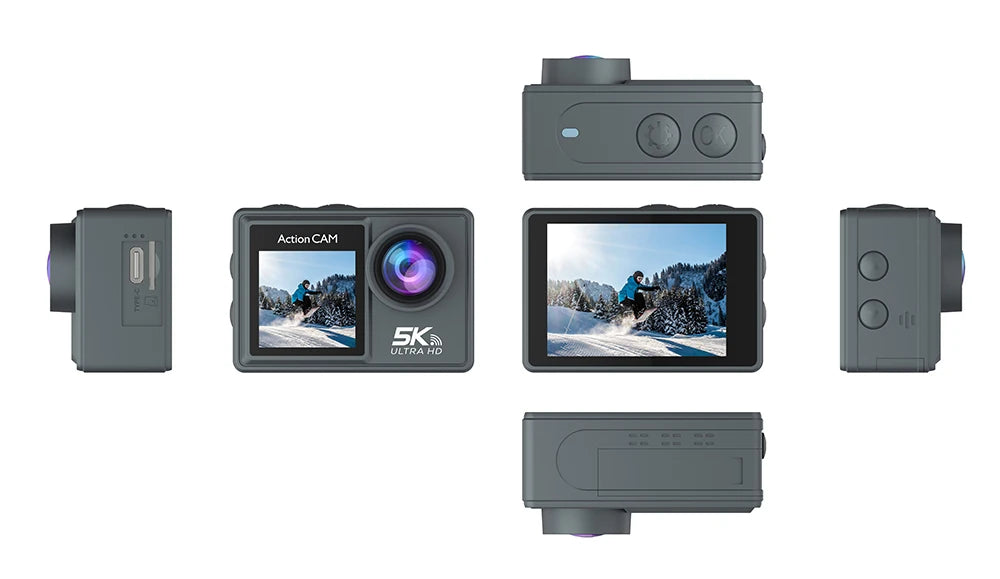 5K 4K60FPS Action Camera Dual IPS Touch LCD EIS 170° DVR 30M Waterproof 5X Zoom Sport Camera With Wireless Mic & Pre Recording