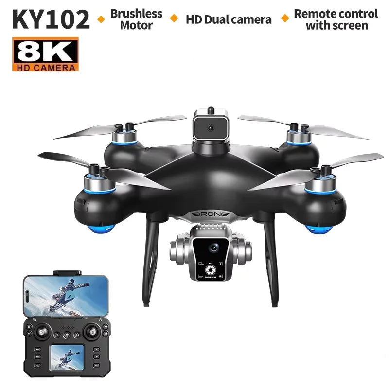 New KY102 Remote Control Drone With 8K HD Dual Cameras 360°Obstacle Avoidance Brushless Motors Screen Aerial Photography RC Toy