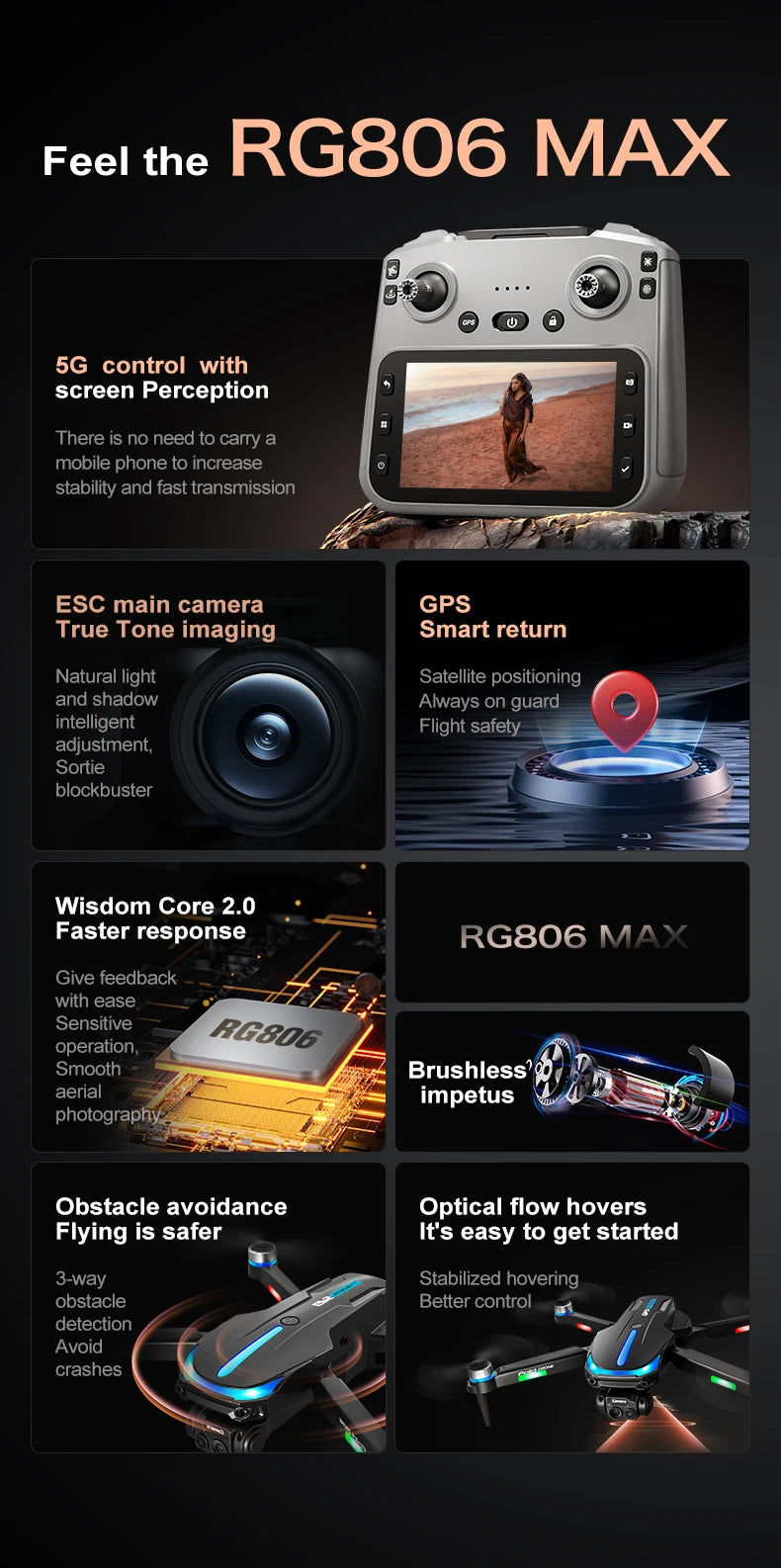 RG806MAX Drone 4K GPS Aerial Photography Optical flow hover Control Obstacle Avoidance Brushless 4-axis With screen Drones Toys