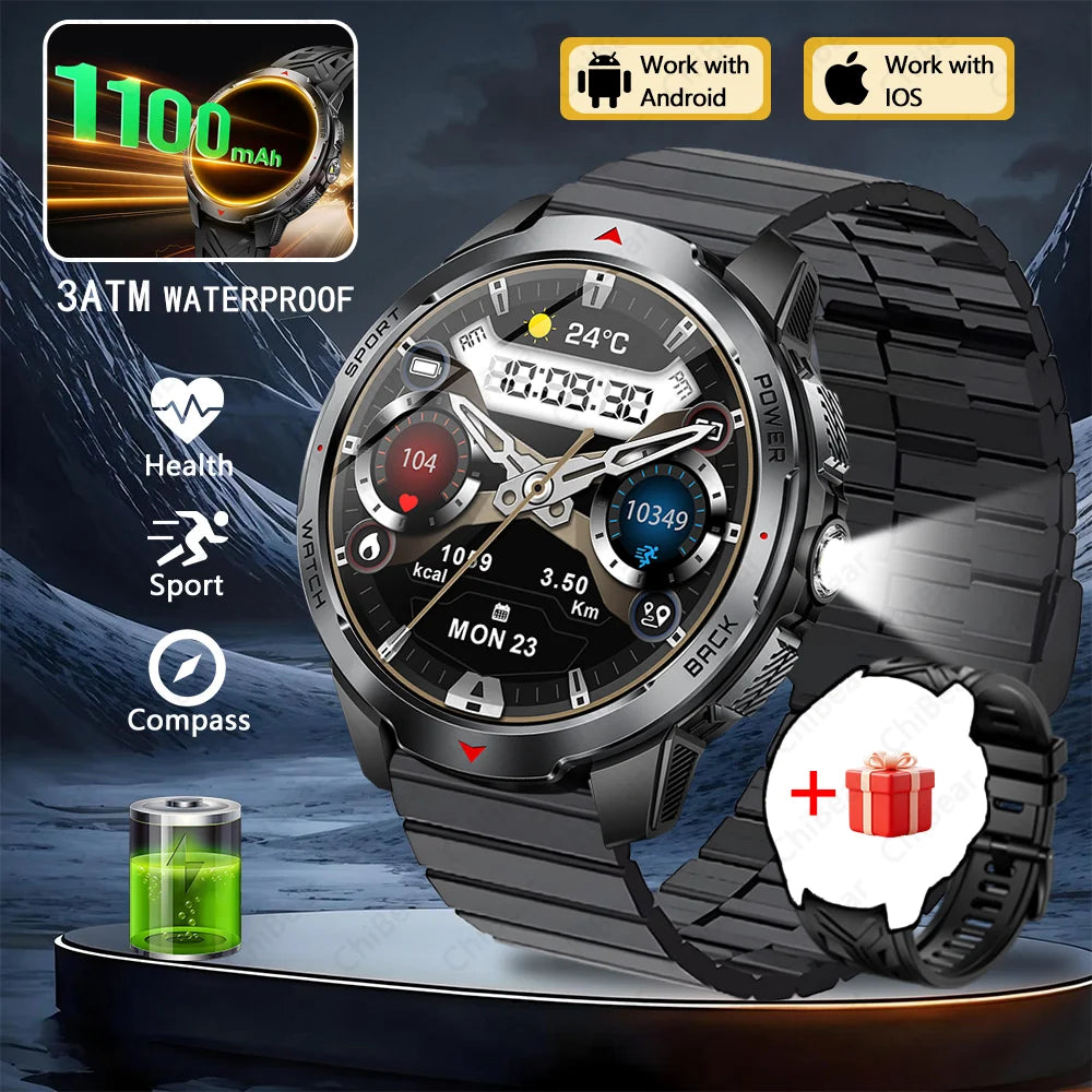 GPS Outdoor Sports Smartwatches 1100mAh Battery Compass Men's LED Lights 5ATM Waterproof Watch Bluetooth Call Smart Watch