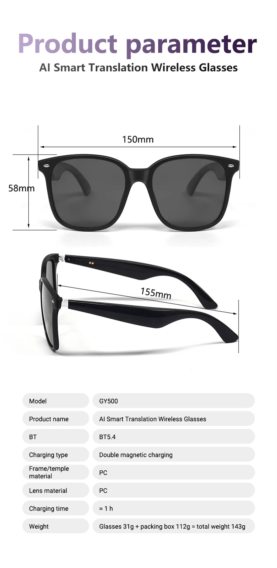 LIGE New Smart Glasses Women Men AI Intelligent Translation 100 Language UV Protection Sunglasses Driving Wireless Music Eyewear
