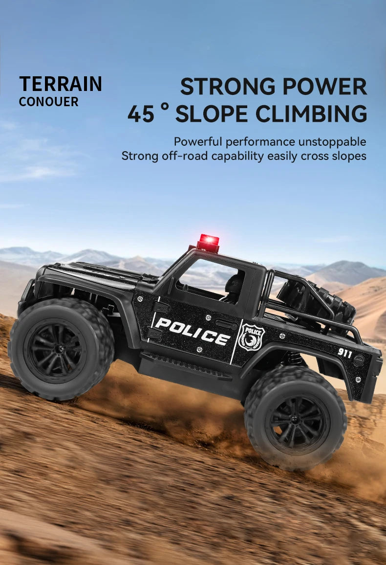 Remote-controlled off-road police car, cool police lights, simulated siren sounds, 1:16 scale alloy body,Spring shock absorption