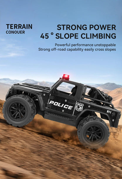 Remote-controlled off-road police car, cool police lights, simulated siren sounds, 1:16 scale alloy body,Spring shock absorption