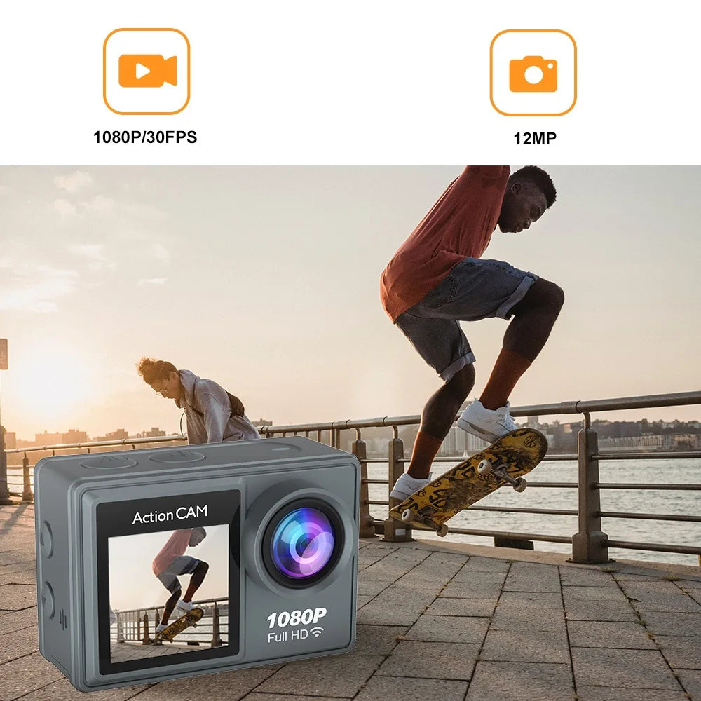 Action Camera Full HD 1080P 12MP Waterproof 30M Underwater Dual Screen With WiFi Wide Angle Sport Camera With Motion Detection