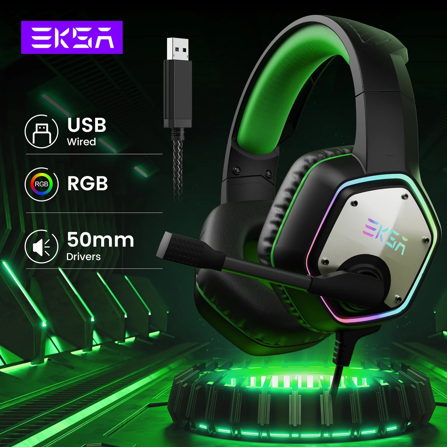 Gaming Headphones For PC/PS4/PS5 EKSA E1000 7.1 Surround RGB Gaming Headset Gamer USB Wired Headphones with Noise Cancelling Mic