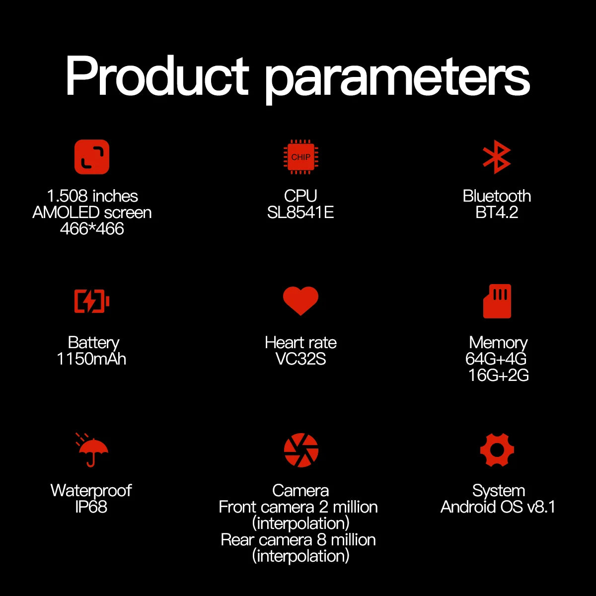 4G LTE Android Smart Watch With 1.508-inch Amoled Screen 8MP Dual Camera GPS IP68 Waterproof Outdoor sports Health monitoring