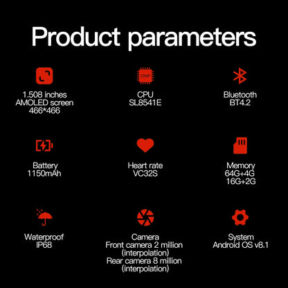 4G LTE Android Smart Watch With 1.508-inch Amoled Screen 8MP Dual Camera GPS IP68 Waterproof Outdoor sports Health monitoring