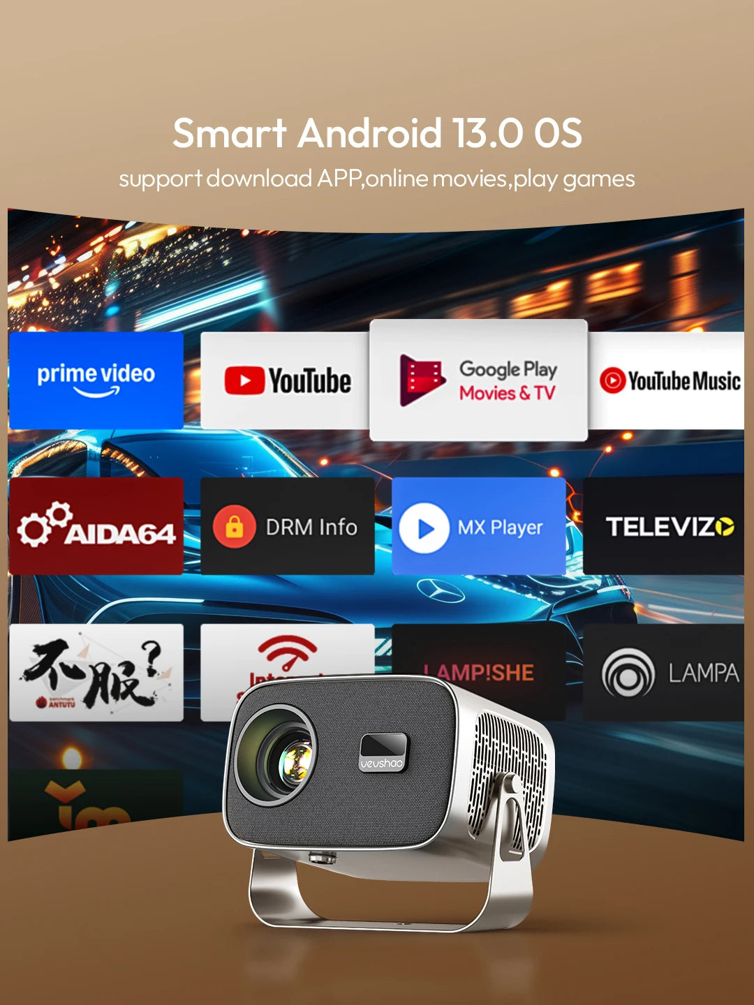 VEVSHAO A12 Projector Mini Portable  LED Video Android 13.0 WIFI 6 Mirror SmartPhone for 1080P 4K Video Home Cinema Projector