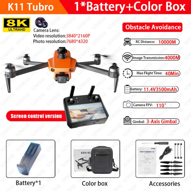 K11 Tubro Professional Drone With 8K Camera 3-Axis Gimbal Obstacle Avoidance Touch Screen FPV Drone Brushless GPS RC Quadcopter