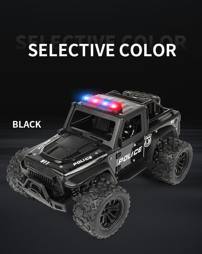 Remote-controlled off-road police car, cool police lights, simulated siren sounds, 1:16 scale alloy body,Spring shock absorption