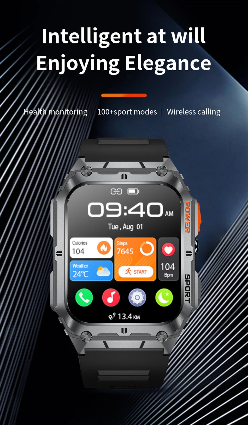 LIGE 1.91-inch Screen Men Smart Watch Led Lighting IP68 Waterproof Watch Outdoor Sport Health Monitor Smartwatch For Android IOS