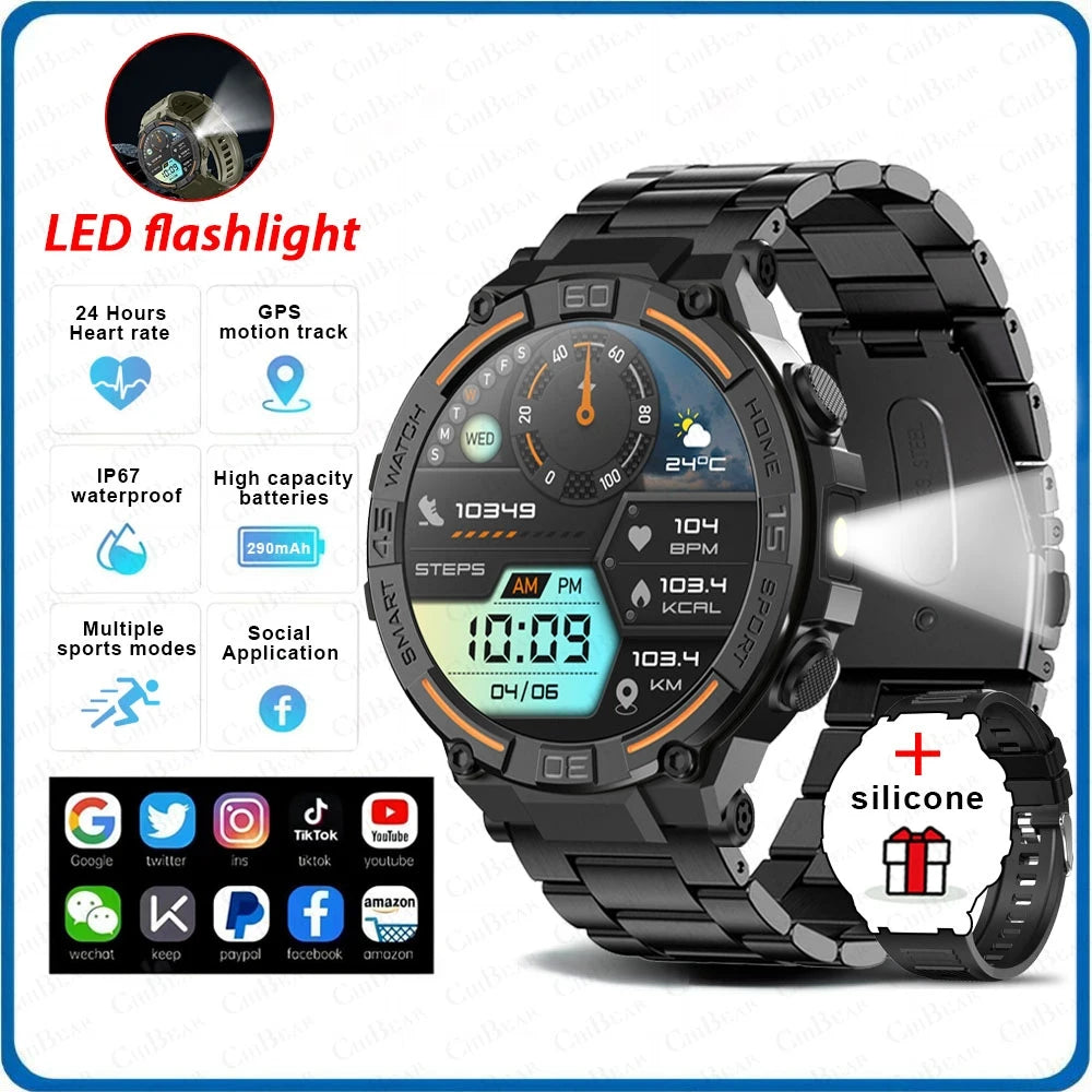 Outdoor Smart Watch with Flashlight Male Sports Fitness Waterproof Watch 24 Hours Heart Rate Monitor Bluetooth Call Smartwatch