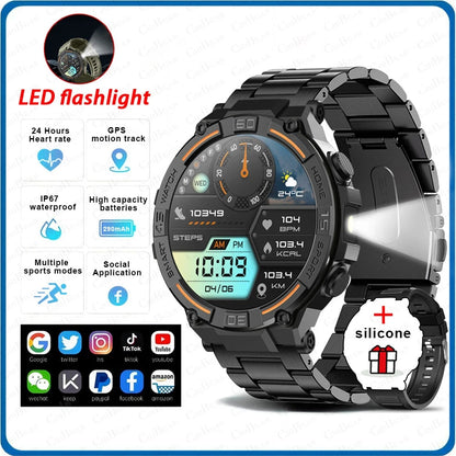 Outdoor Smart Watch with Flashlight Male Sports Fitness Waterproof Watch 24 Hours Heart Rate Monitor Bluetooth Call Smartwatch