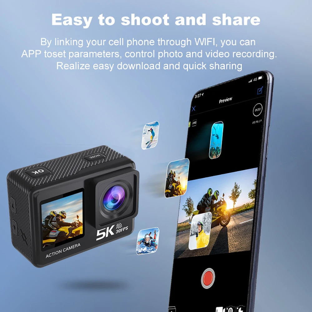 Action Camera 5K 4K60FPS 50MP 2.0 Touch EIS Pre-Record Wireless Mic Wi-Fi 170D DVR Webcam Waterproof 30M 5X Zoom Sports Camera
