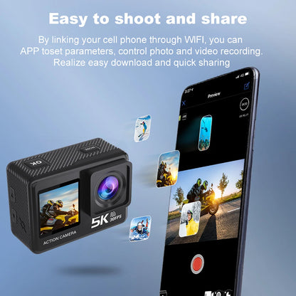 Action Camera 5K 4K60FPS 50MP 2.0 Touch EIS Pre-Record Wireless Mic Wi-Fi 170D DVR Webcam Waterproof 30M 5X Zoom Sports Camera