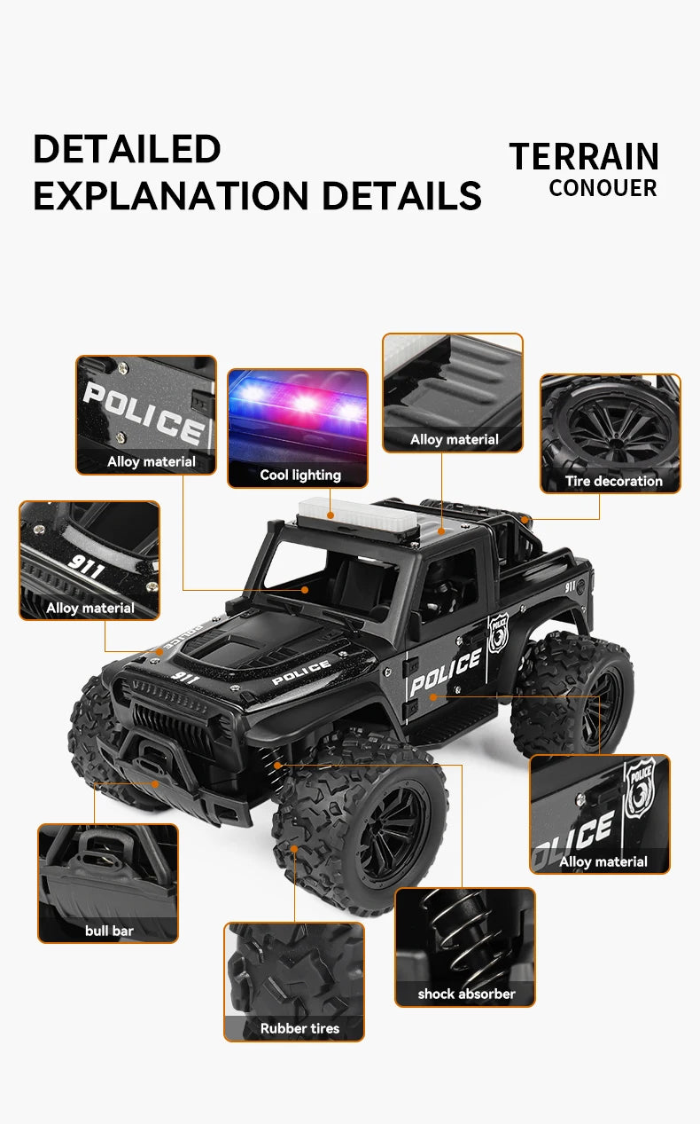 Remote-controlled off-road police car, cool police lights, simulated siren sounds, 1:16 scale alloy body,Spring shock absorption