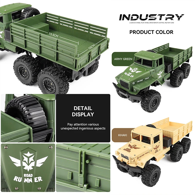 1/16 2.4G Aluminum Alloy RC Truck Six Wheel Military Edition with LED Lights Outdoor Remote Control Cars Toys Gift for Children