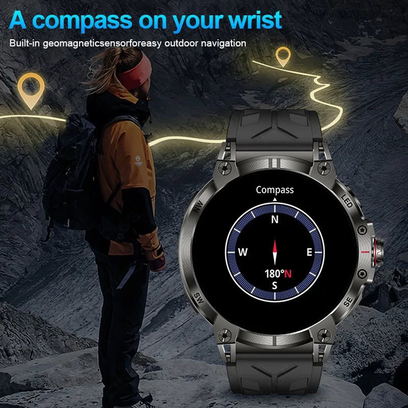 New Military Smart Watch Men 760mAh Large Battery LED Flashlight Compass 1.8"HD Screen Heart rate Waterproof BT Call Smartwatch