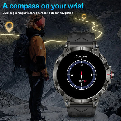 New Military Smart Watch Men 760mAh Large Battery LED Flashlight Compass 1.8"HD Screen Heart rate Waterproof BT Call Smartwatch