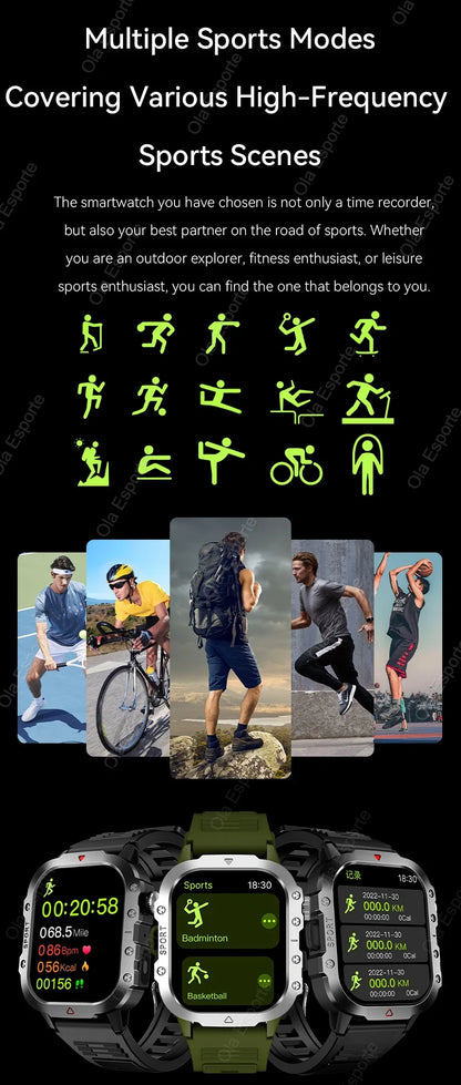 2025 New Military Smart Watch Men Outdoor 2.01" Al Voice Bluetooth Call Smartwatch Surprise Gift Outdoors For Android & IOS Male