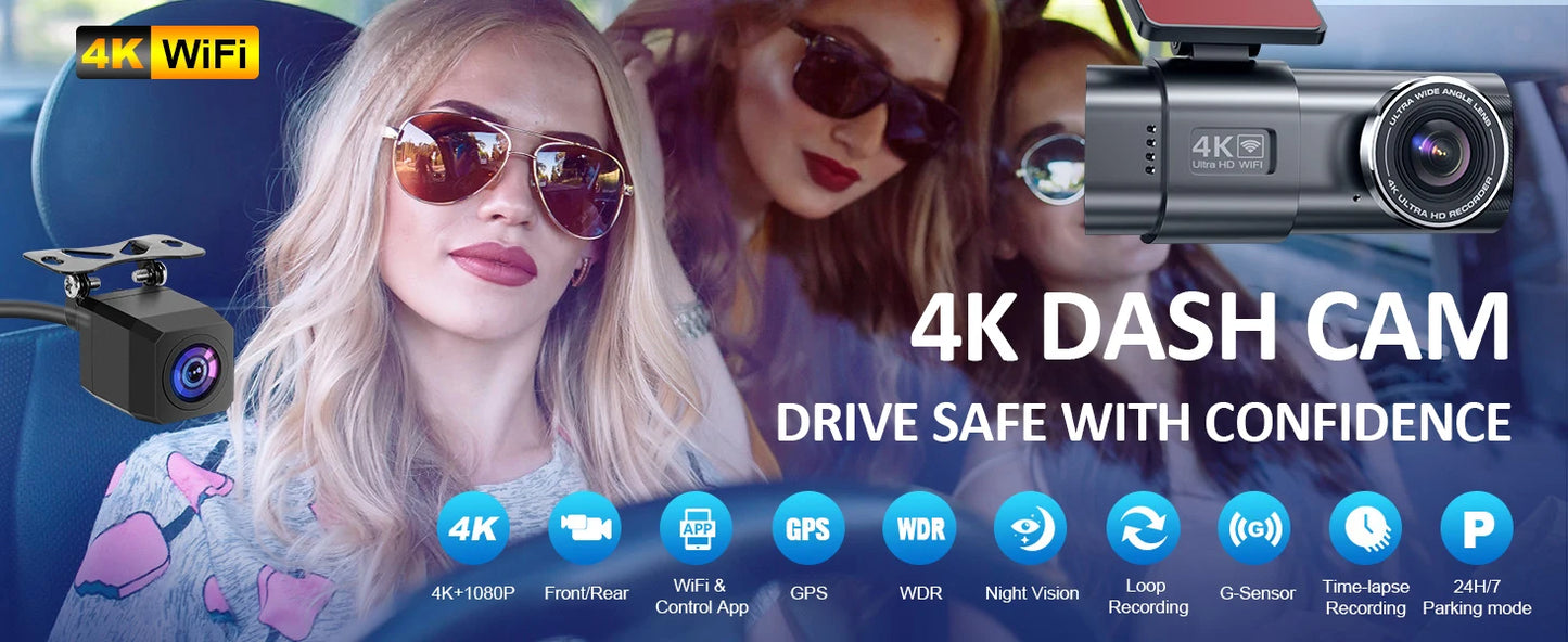 Dash Cam Cars 4K Front and Rear Camera Car Dvr WIFI GPS Car Camera for Vehicle Video Recorder Rear View Camera Parking Monitor