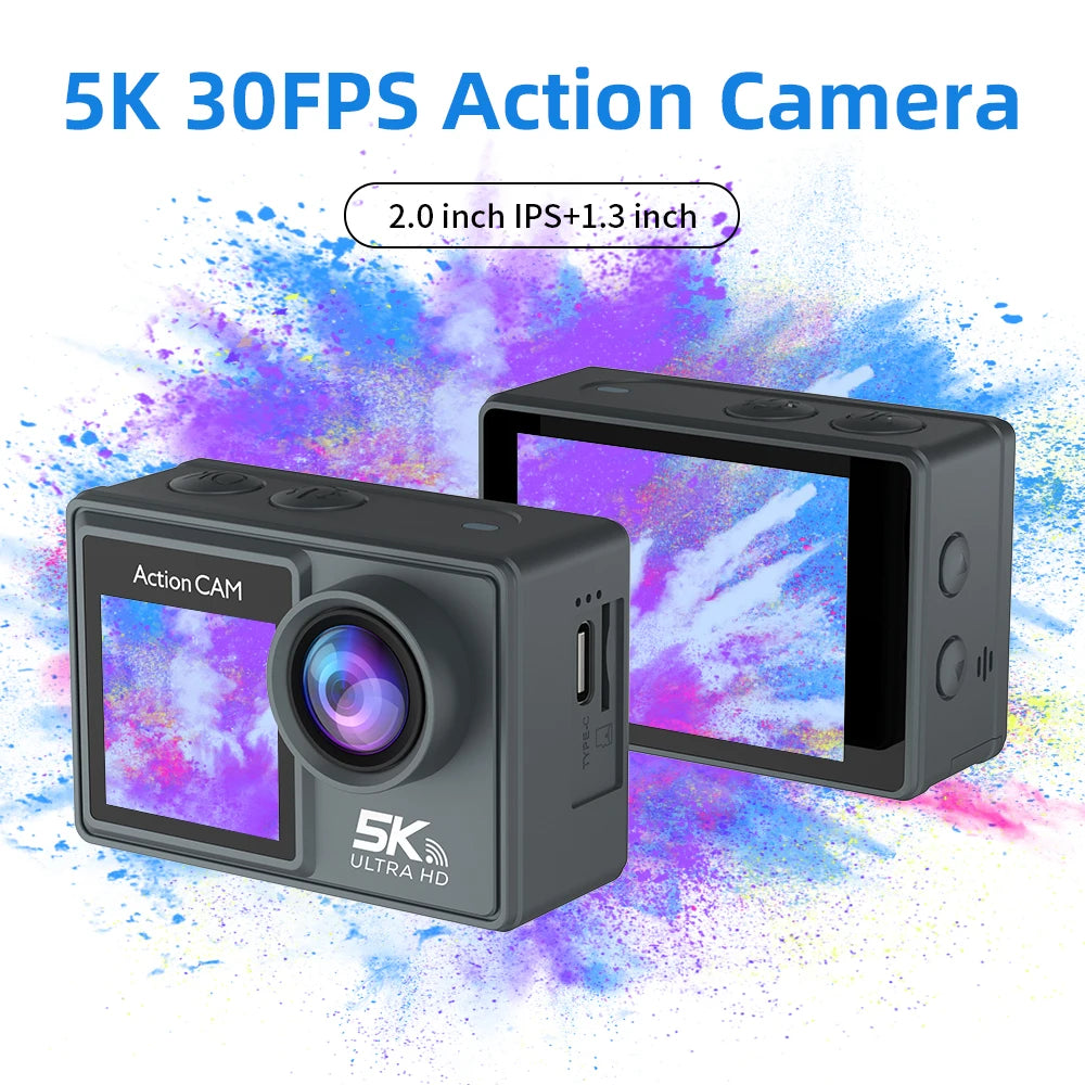 5K 4K60FPS Action Camera Dual IPS Touch LCD DVR EIS 170° 30M Waterproof 5X Zoom Sport Camera With Wireless Mic&Remote Control