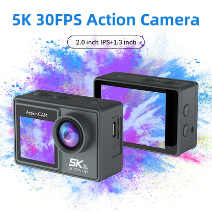 5K 4K60FPS Action Camera Dual IPS Touch LCD DVR EIS 170° 30M Waterproof 5X Zoom Sport Camera With Wireless Mic&Remote Control