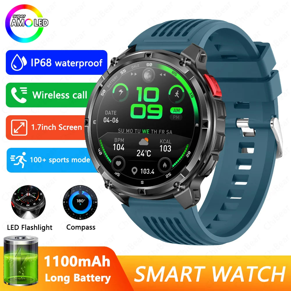 GPS Outdoor Sports Smartwatches 1100mAh Large Battery LED Light Compass 3ATM Waterproof Bluetooth Call Smart Watch 2025 New