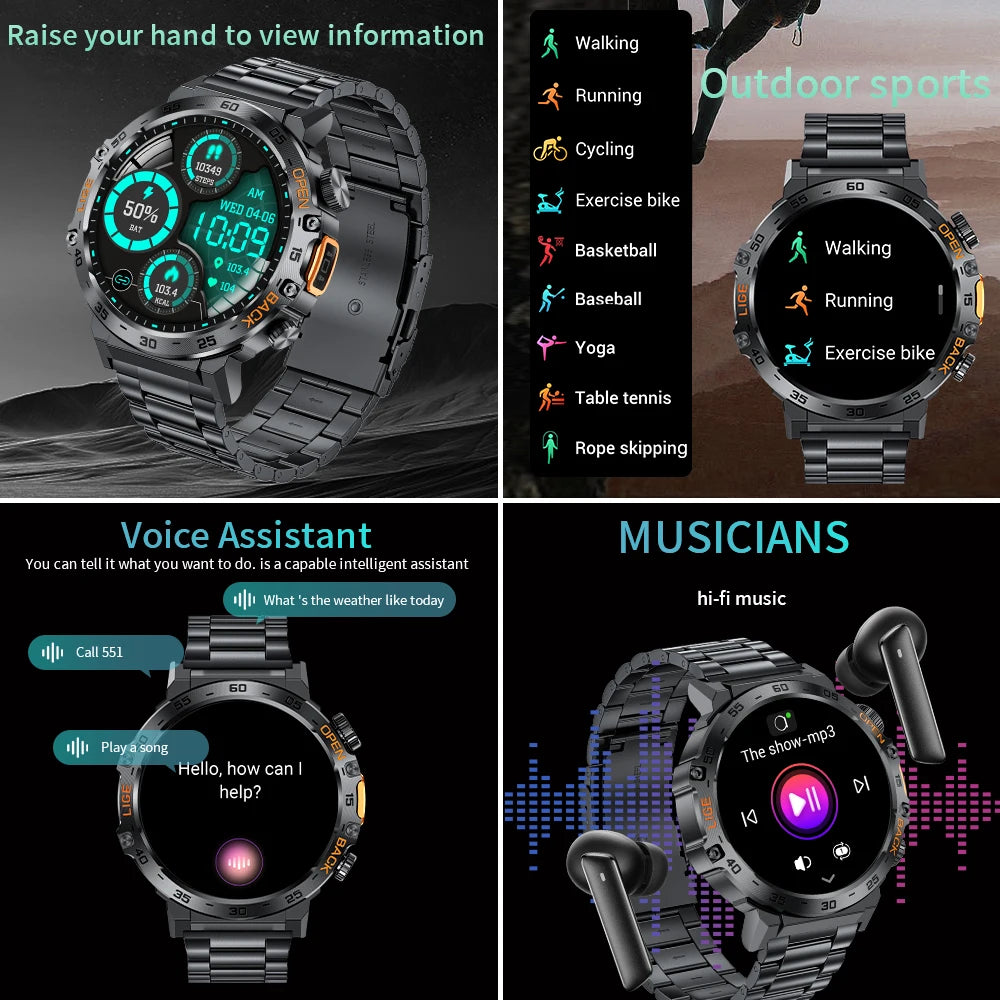 LIGE 2025New Smart Watch Men 360*360 AMOLED HD Screen Waterproof Sport Fitness Watches Flashlight New Smartwatch For Android ios