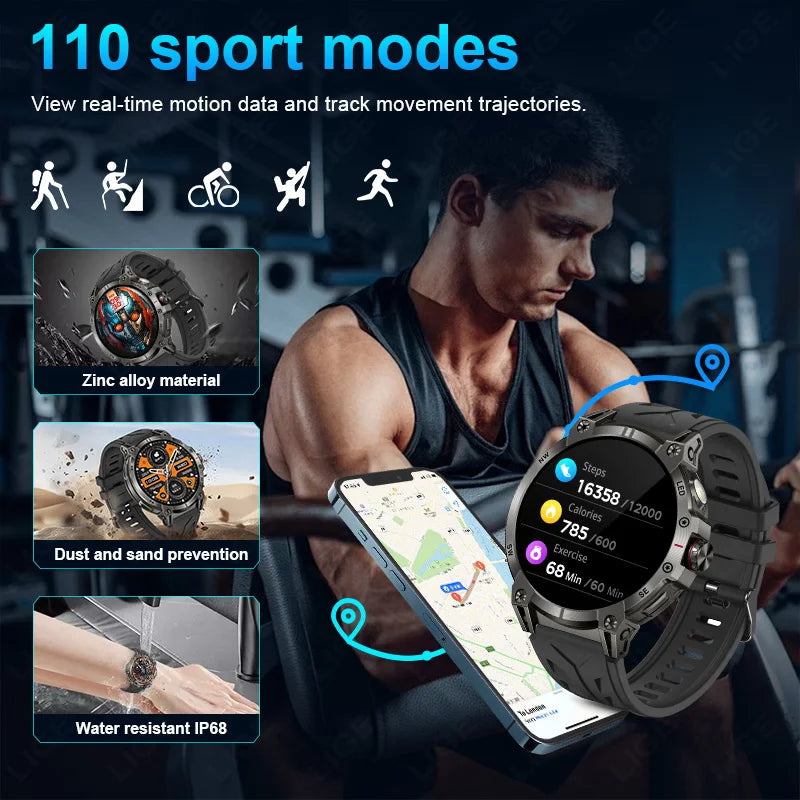 New Military Smart Watch Men 760mAh Large Battery LED Flashlight Compass 1.8"HD Screen Heart rate Waterproof BT Call Smartwatch