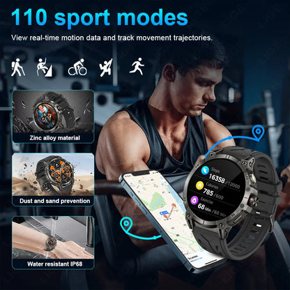 New Military Smart Watch Men 760mAh Large Battery LED Flashlight Compass 1.8"HD Screen Heart rate Waterproof BT Call Smartwatch