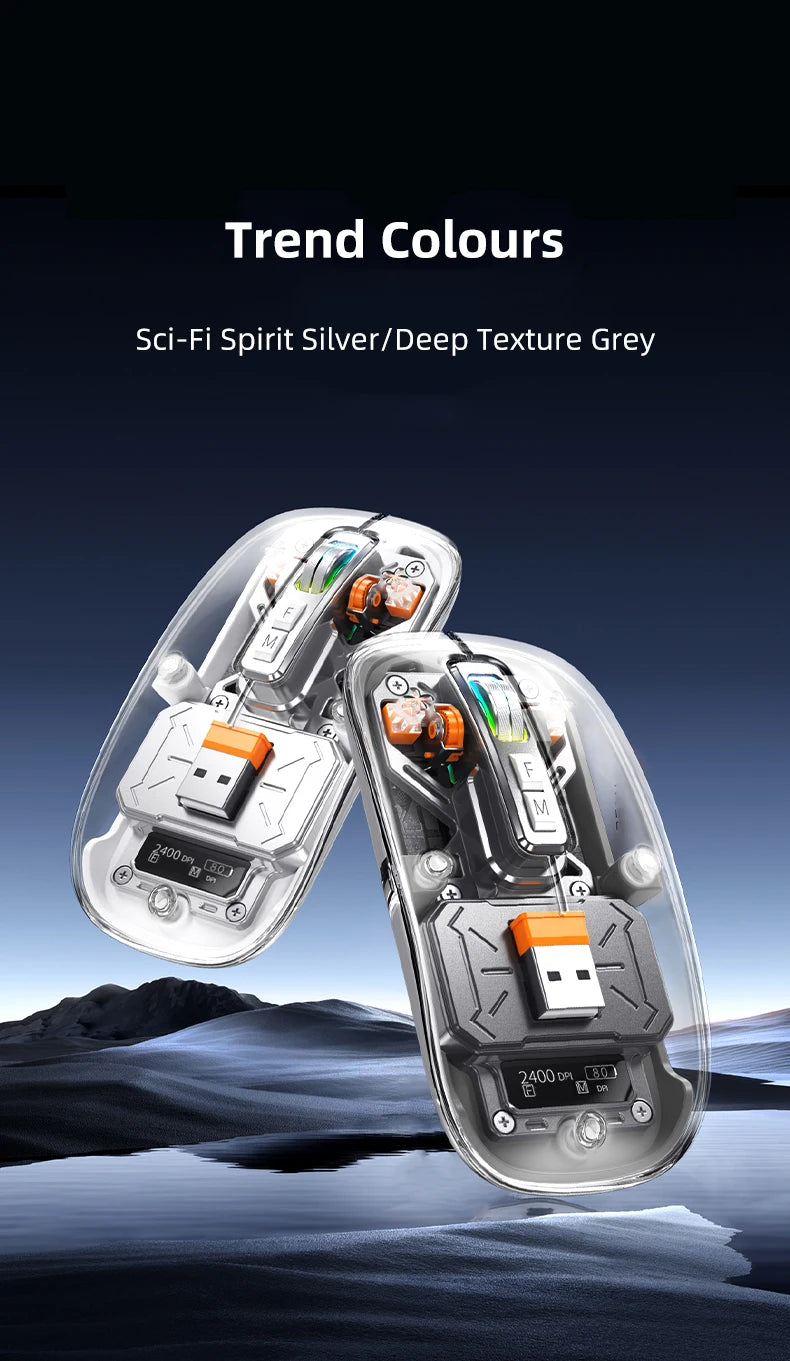 Full of technological sense! Translucent wireless mouse with multi-mode connection and metal roller.