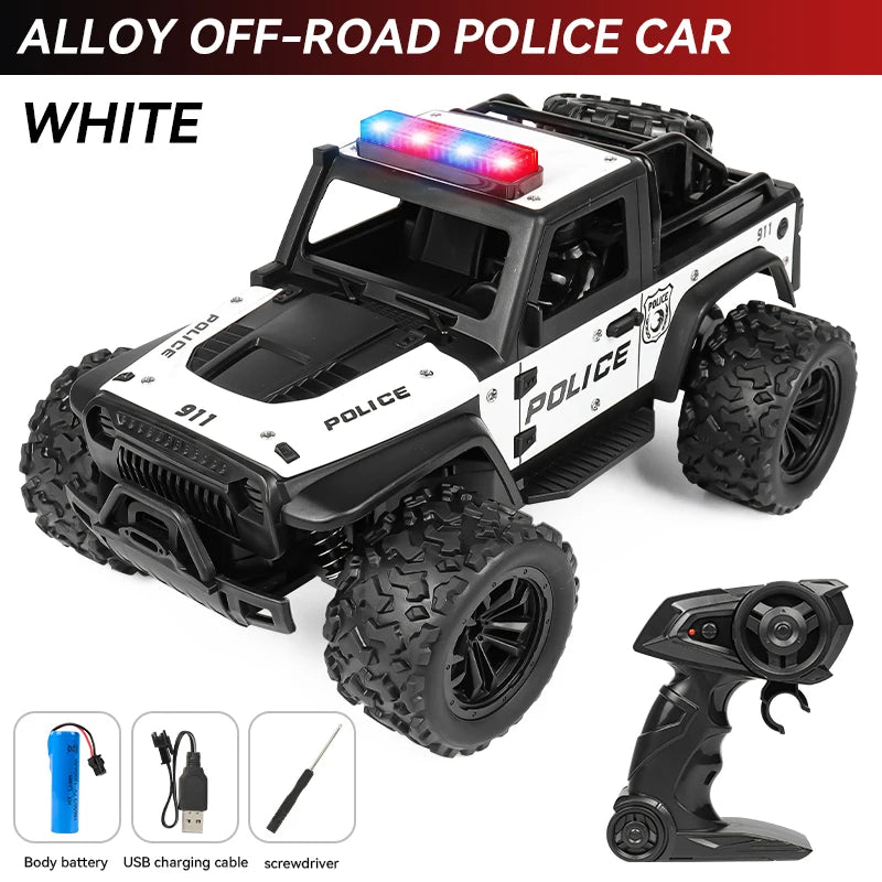 Remote-controlled off-road police car, cool police lights, simulated siren sounds, 1:16 scale alloy body,Spring shock absorption