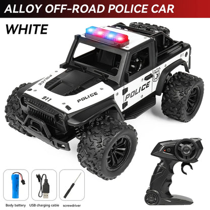 Remote-controlled off-road police car, cool police lights, simulated siren sounds, 1:16 scale alloy body,Spring shock absorption