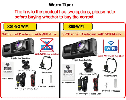Dash Cam for Cars WIFI APP Car DVR 2/3lens Front Camera Video Recorder Rear View Camera for Vehicle Black Box Car Assecories