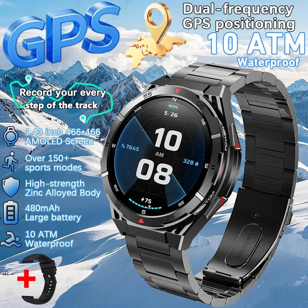 GPS Smartwatch Men 1.43" AMOLED 10ATM Waterproof Bluetooth HD Call Compass Altitude Barometer Multi Sport Mode Smart Watch