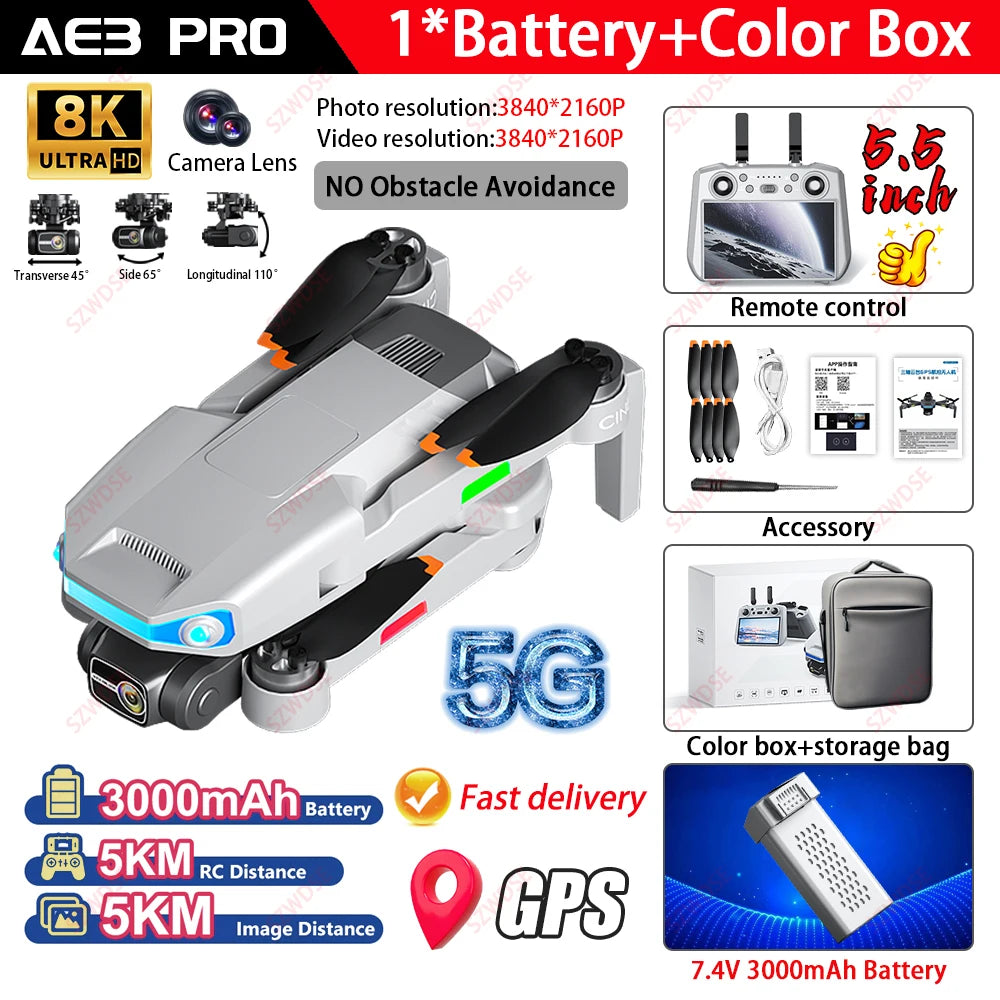 AE3 Pro Max Professional Drone With Screen 360° Obstacle Avoidance Brushless  8K Dual Camera 3-Axis Gimbal Quadcopter FPV dron