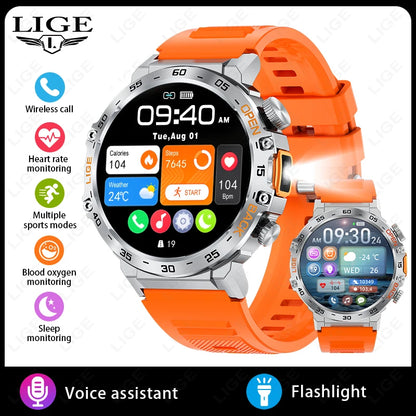 LIGE 2025New Smart Watch Men 360*360 AMOLED HD Screen Waterproof Sport Fitness Watches Flashlight New Smartwatch For Android ios