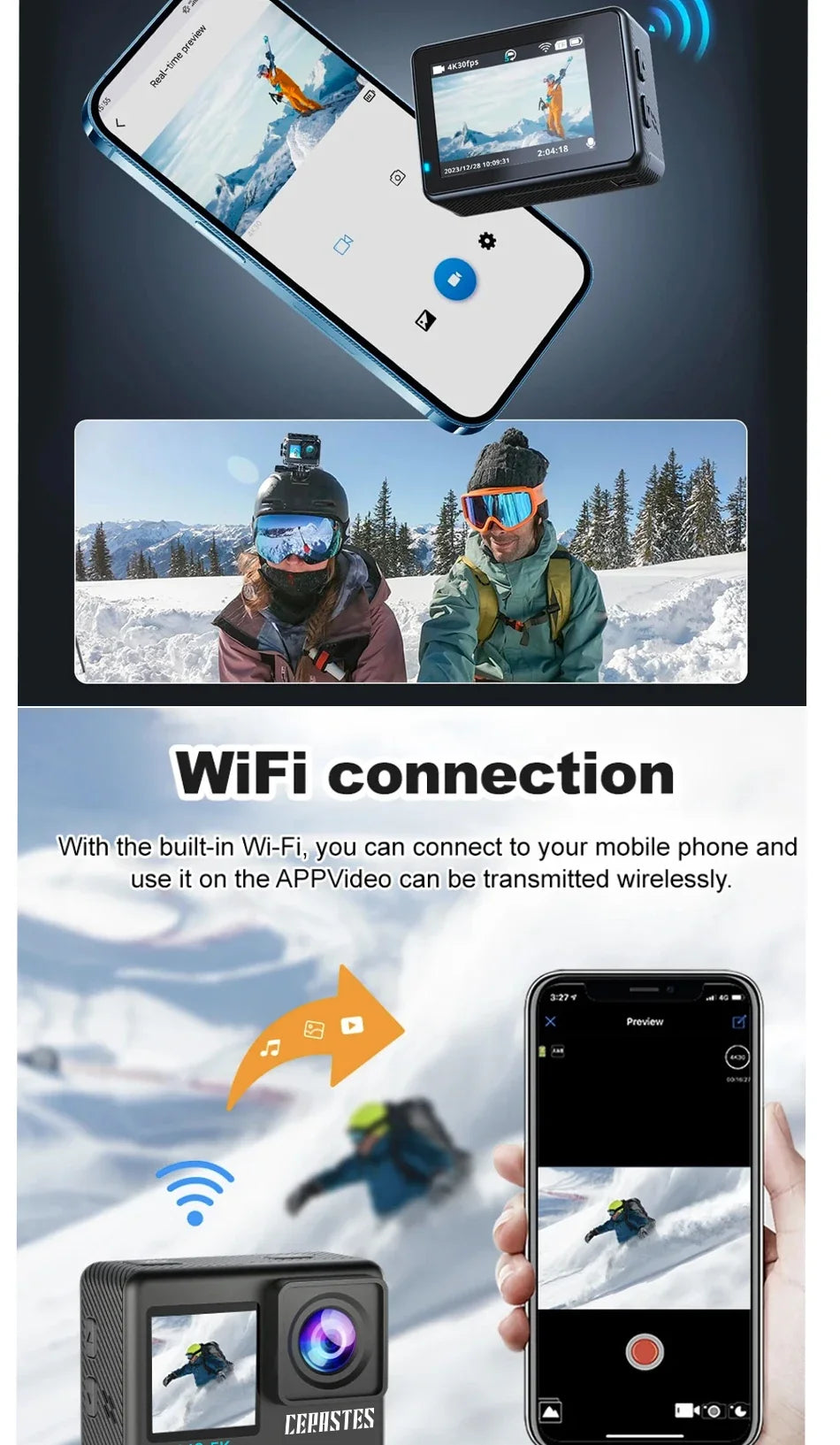 CERASTES Action Camera 5K 4K 60FPS WiFi Anti-shake Dual Screen 170° Wide Angle 30m Waterproof Sport Camera with Remote Control