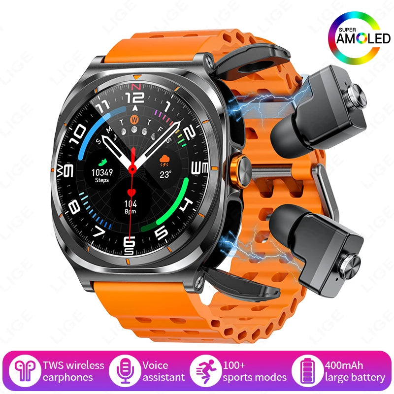 2025 New Smart Watch With 2 in 1 TWS Wireless Headset Bluetooth Call 1.53" AMOLED Screen 400mAh IP67 Waterproof Sport Smartwatch