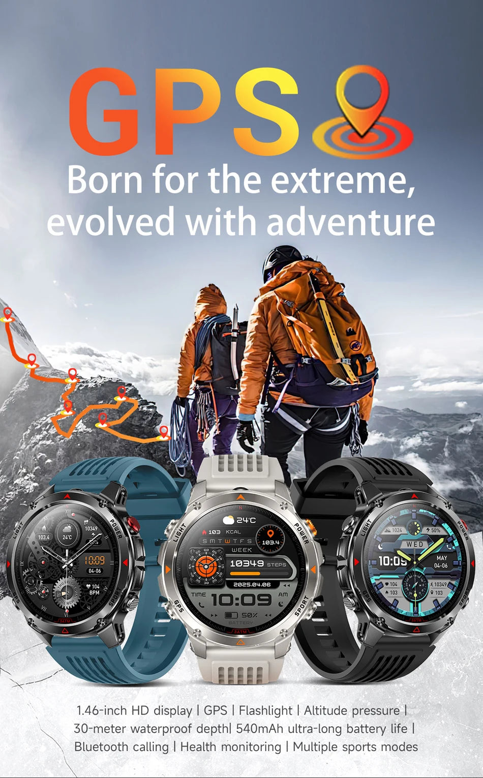 Built-in GPS Positioning Smart Watch Men 1.46 Inch HD Screen Compass 100+ Sport Mode 30M Waterproof Bluetooth Call Smartwatch